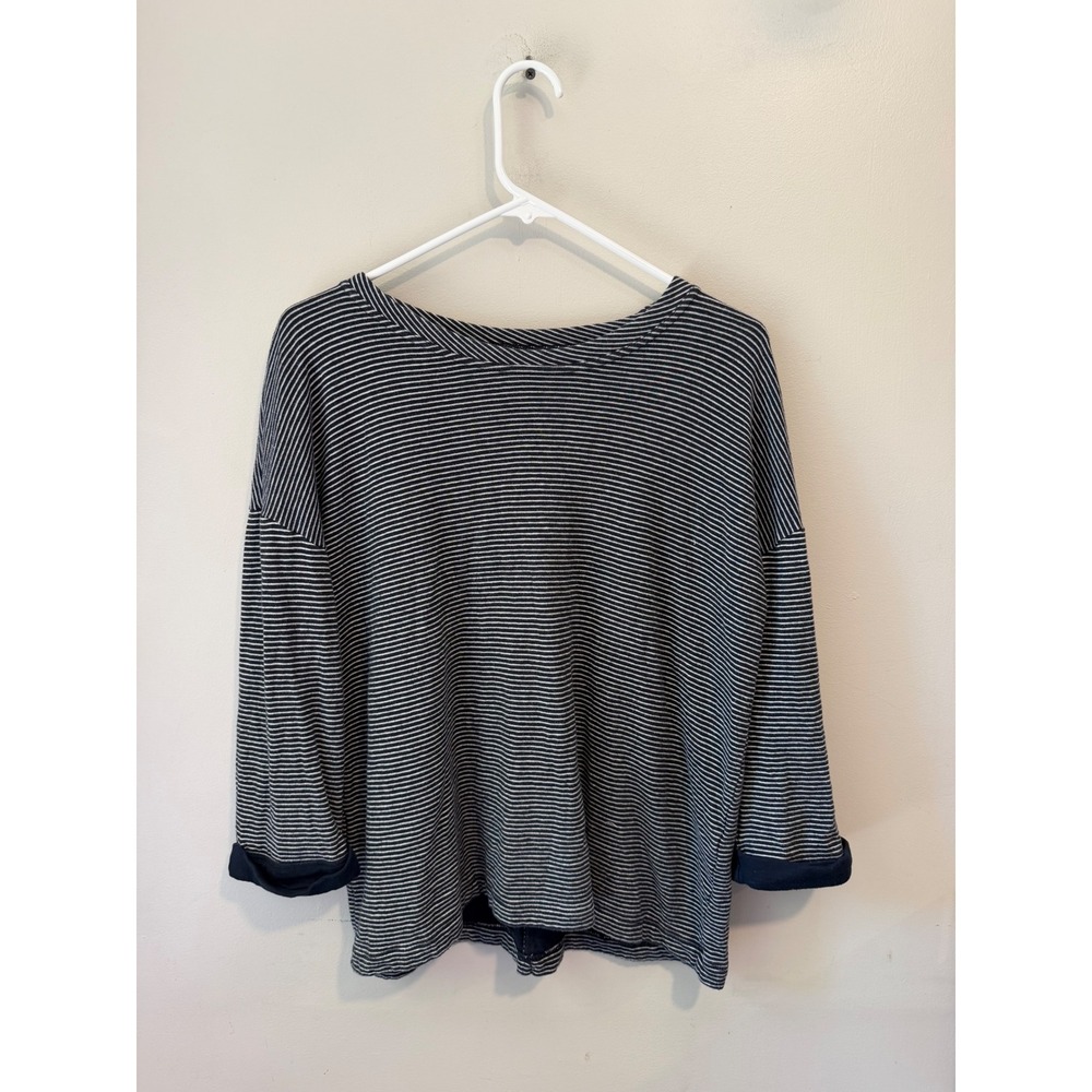 J. Jill Navy Blue White Striped Drop Shoulder Knit Top Cuffed Long Sleeve Medium